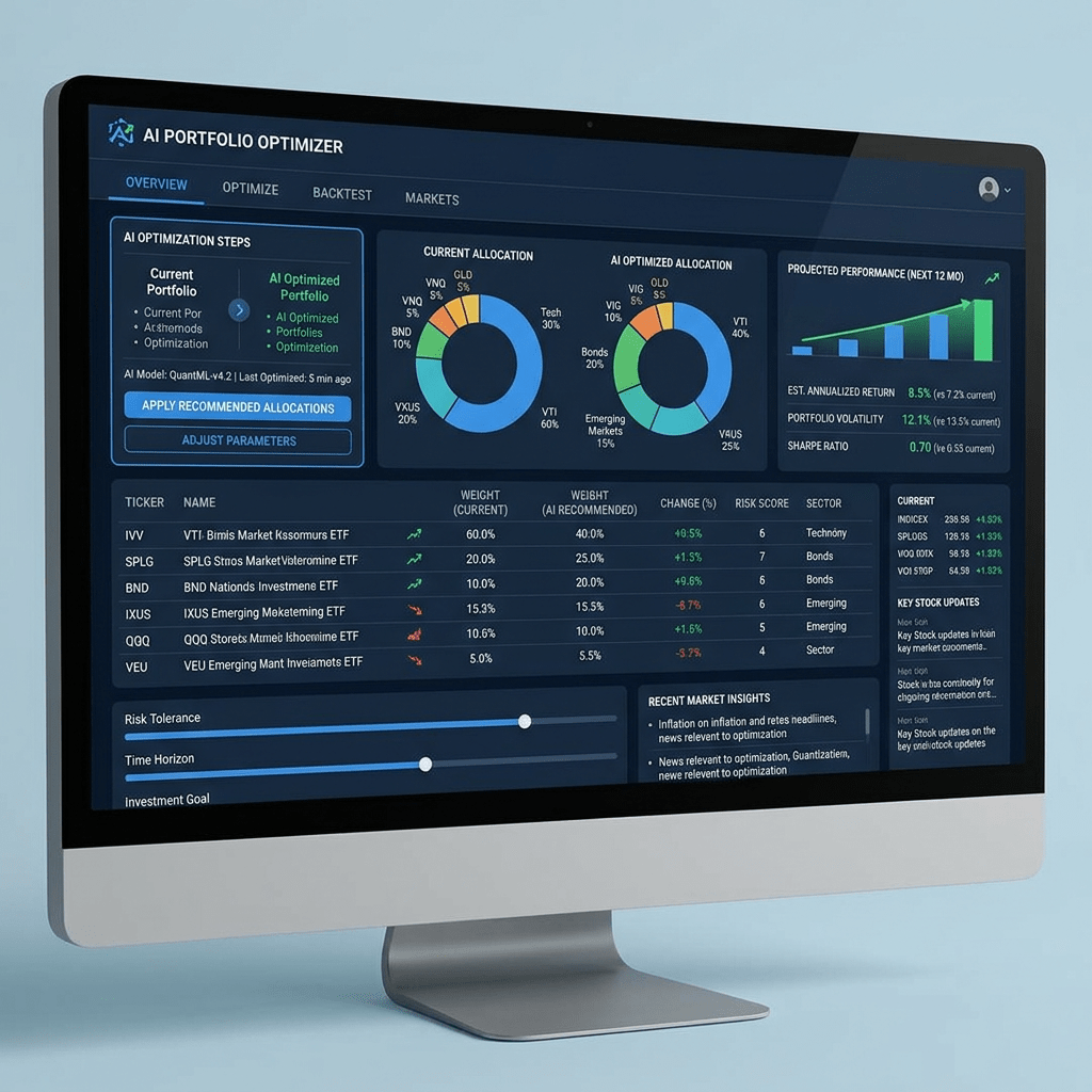 Investment portfolio optimizer interface showing current and AI-optimized allocations with performance projections.